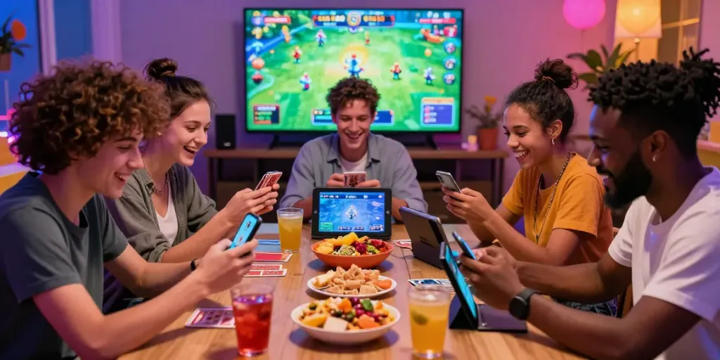 Friends enjoying 3 patti no1 card game on smartphones in a lively setting.