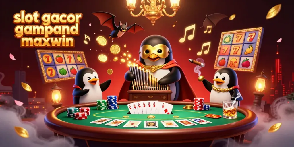Experience thrilling slot gacor gampang maxwin action with vivid characters, coins, and poker elements in this dynamic casino illustration.