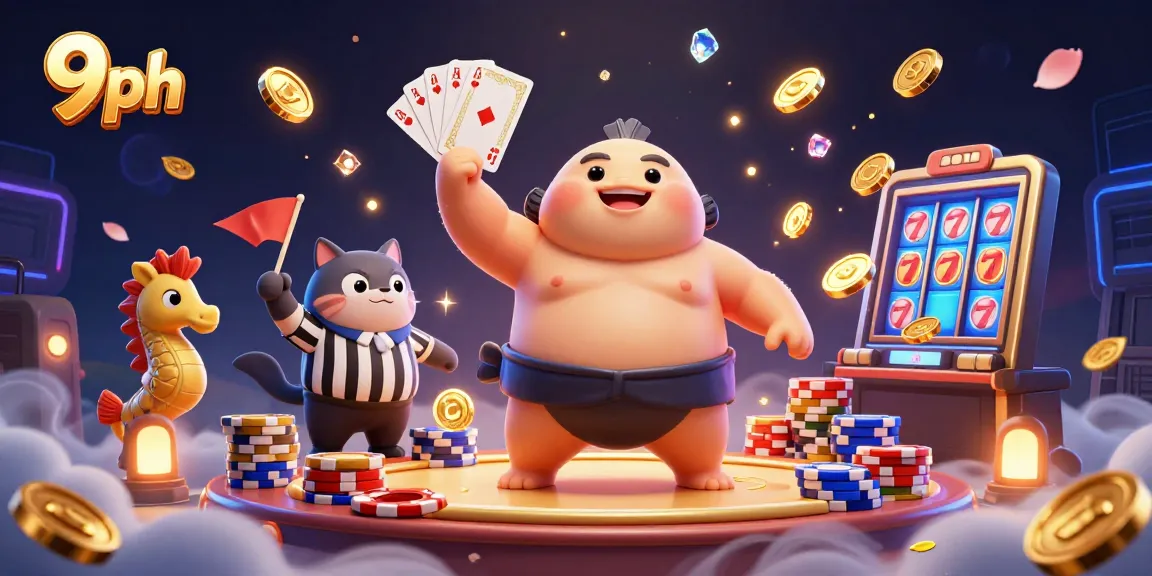 Join the excitement at 9ph with dynamic scenes featuring a fugu character and vibrant casino elements.