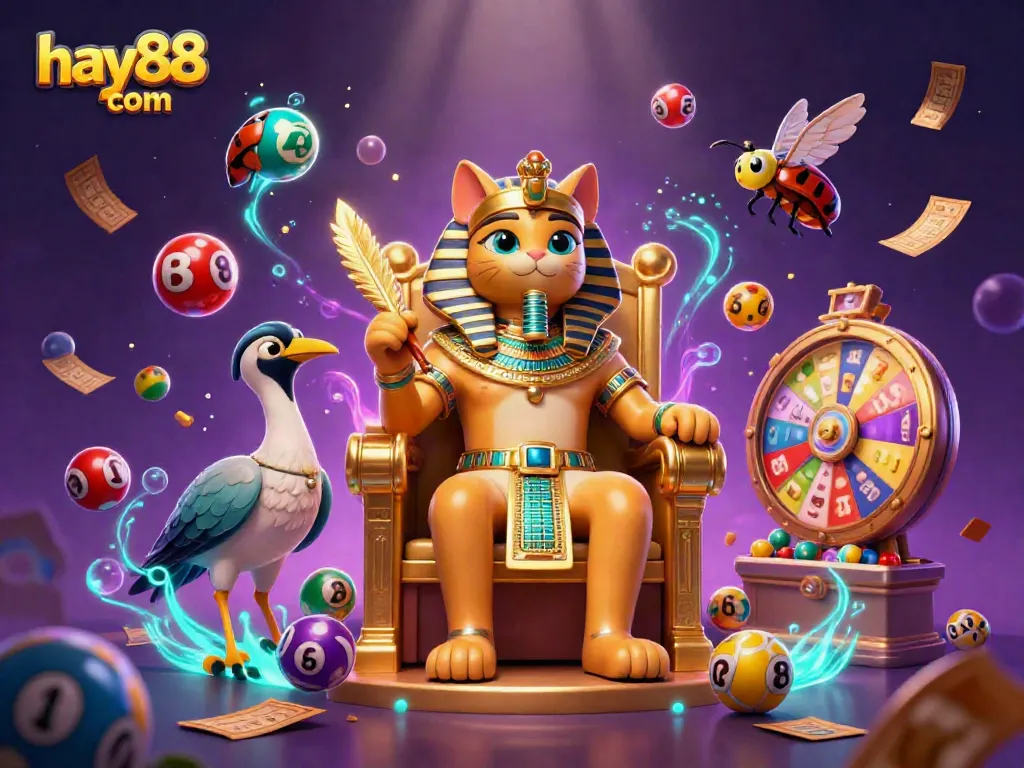 Experience the excitement of hay88 com with a vibrant 3D casino scene featuring a pharaoh cat, colorful lottery balls, and dynamic prizes.