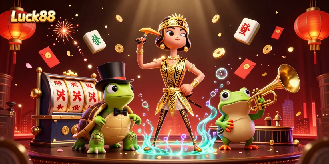 Spin to win with Luck88, showcasing vibrant 3D characters amid slot reels and festive casino elements.