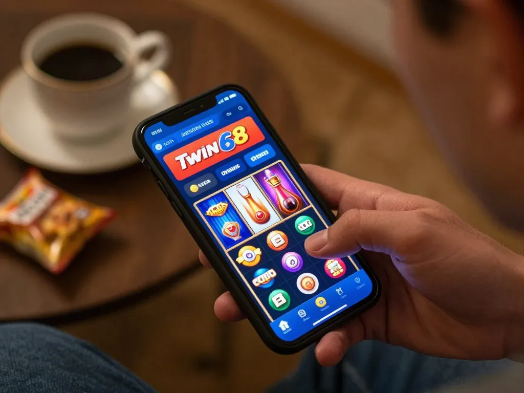 Twin68 player spinning slots on mobile app in a cozy home setup
