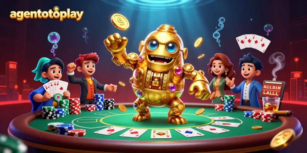 Spin to win with agentotoplay's dynamic casino scene featuring a golden golem and poker elements.