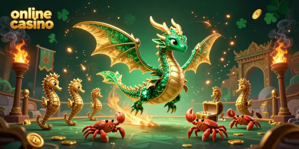 Experience the vibrant world of online casino gaming with a majestic sea dragon and treasure in this 3D illustration.