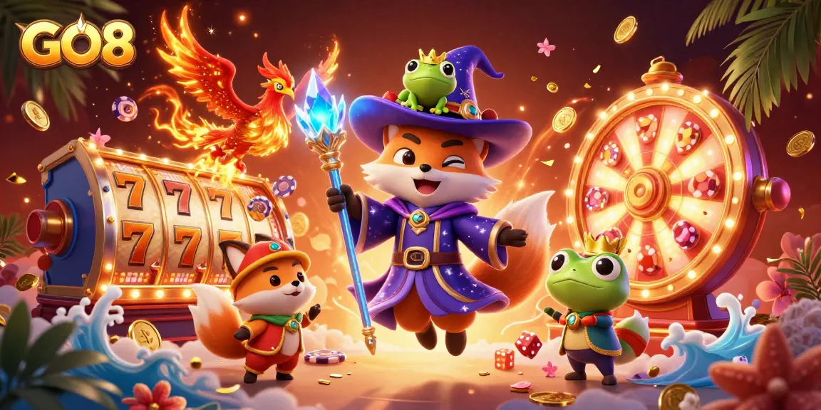 Engage with GO8 at an enchanting casino scene featuring a wizard fox, phoenix, and dynamic slot games.
