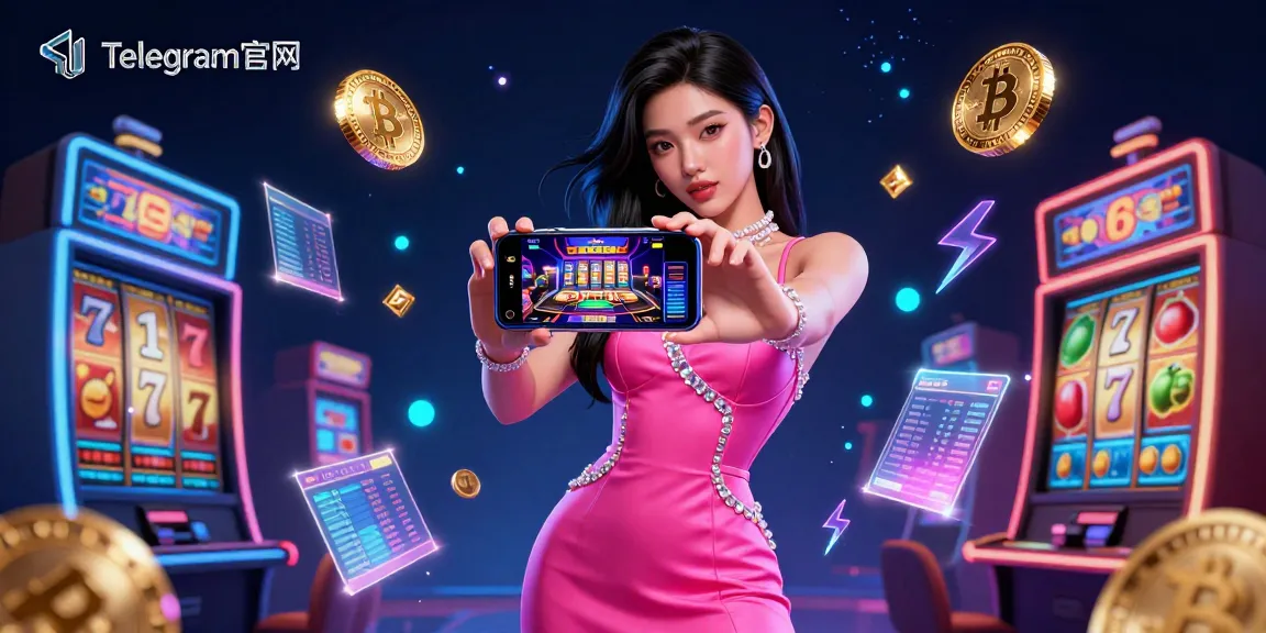 与Telegram官网互动，令人惊艳的女性在智能手机上展示现场荷官赌场游戏，周围环绕着生动的赌博元素。