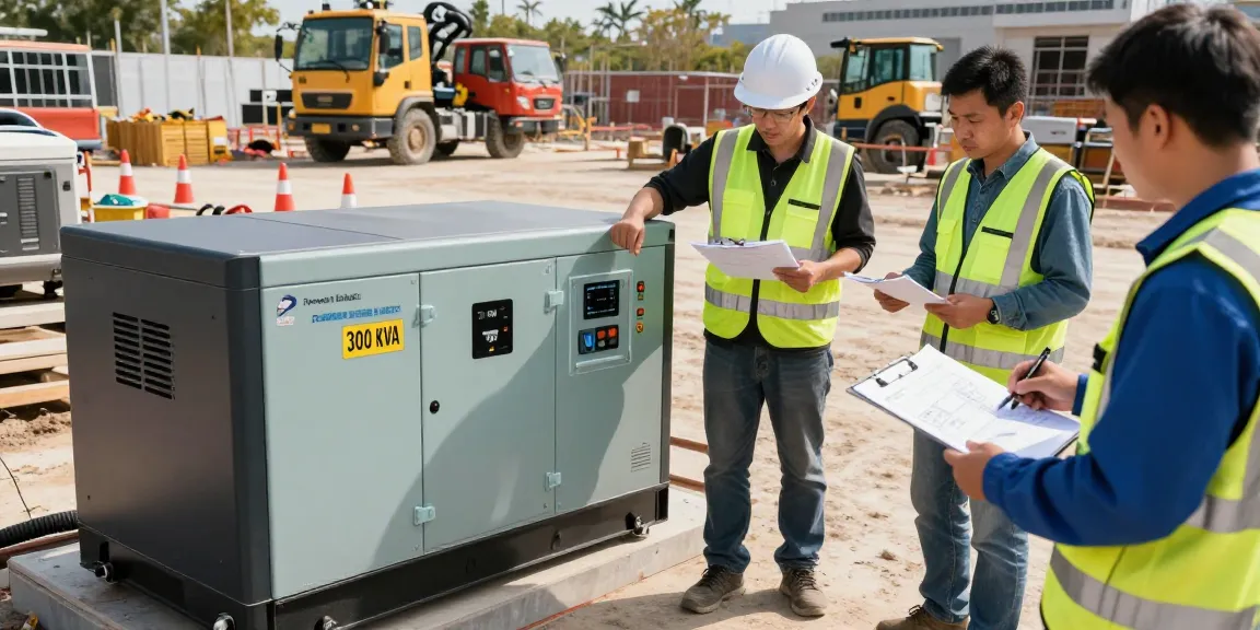 Technician overseeing PowerLink diesel generator installation at a construction site.