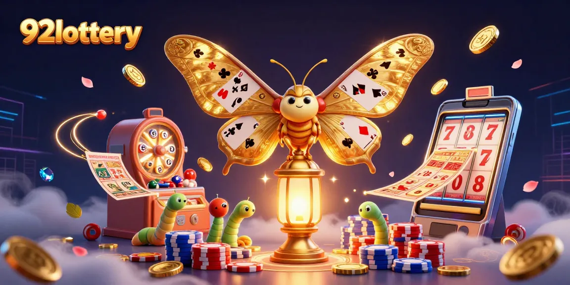 Play the exciting 92lottery with vibrant illustrations of golden wings, lottery elements, and casino gems.