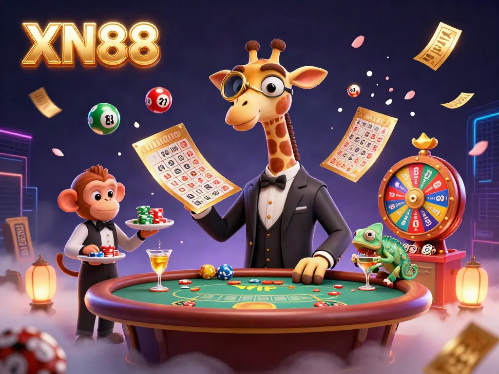 XN88 high-roller giraffe at a dynamic poker scene, surrounded by colorful elements and lottery excitement.