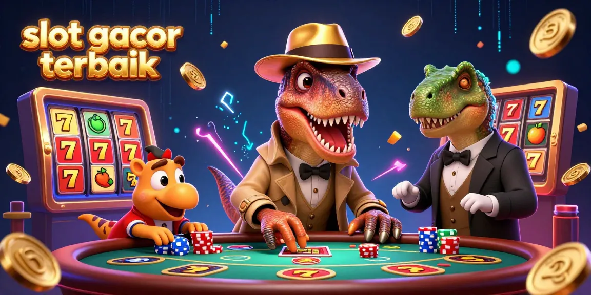 Slot gacor terbaik menampilkan ilustrasi dino penjudi yang imut di meja slot dengan efek menarik.