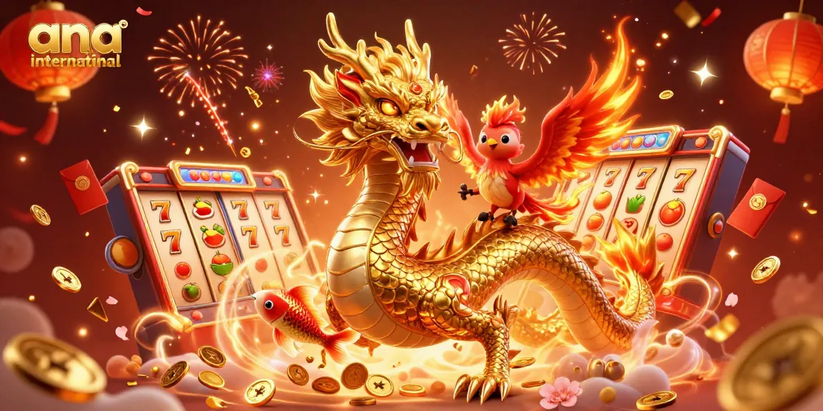 Play slots at ana-international with a dynamic illustration of a dragon, phoenix, and koi fish, surrounded by casino elements.