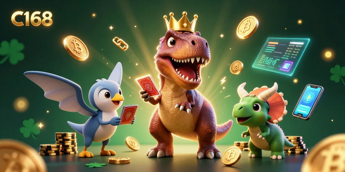 C168 casino scene featuring a friendly T-Rex shuffling cards, a pterodactyl, and a triceratops stacking chips amid vibrant cryptocurrency graphics.