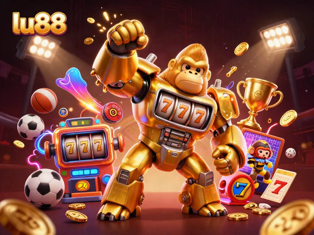 Experience thrilling gameplay at lu88 with a dynamic golden gorilla mech, sports elements, and jackpot excitement.