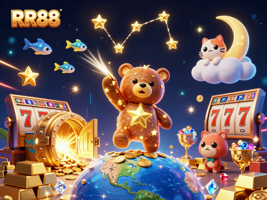 RR88 showcases a magical casino scene with a constellation bear collecting coins and vibrant slot reels.