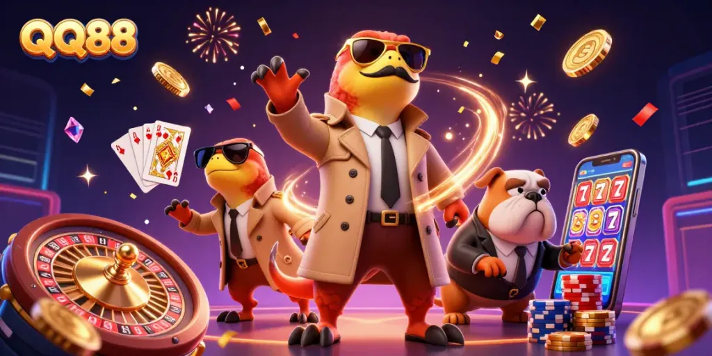 Experience the excitement of QQ88 in this vibrant 3D casino scene with playful raptors and a bouncer.