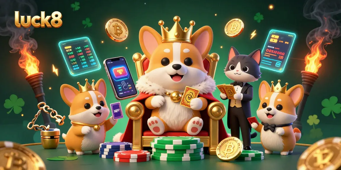 Luck8 players enjoy vibrant casino action with a royal corgi, gold coins, and glowing elements.