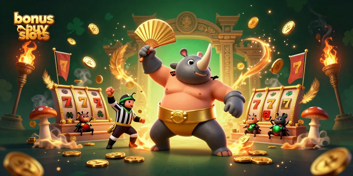 Experience thrilling bonus buy slots with our cartoon beetle champion stomping coins in a vibrant casino scene.