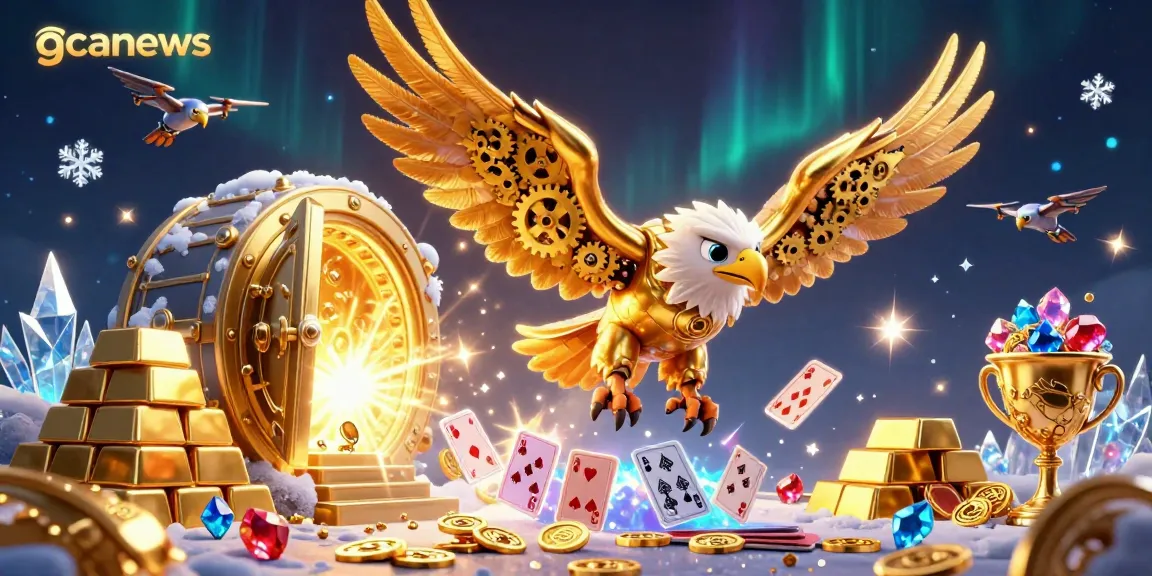 Engage in thrilling gameplay with gcanews featuring a golden eagle amid holographic cards and treasure.