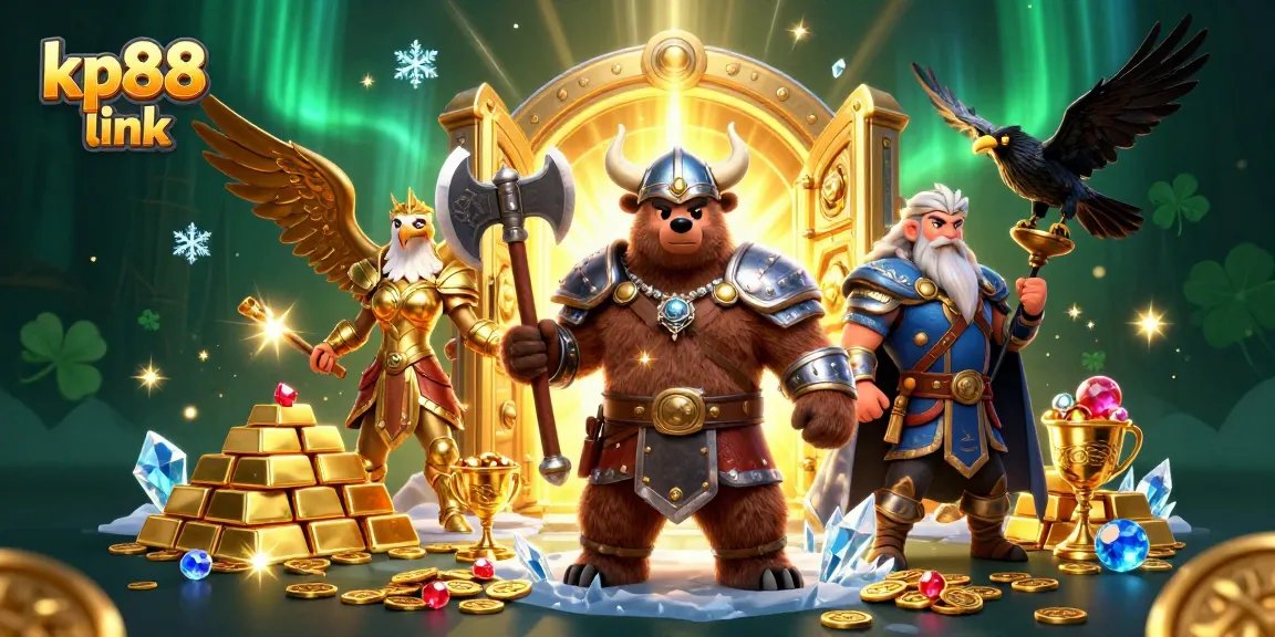 Engage with kp88 link in a vibrant 3D scene showcasing Viking characters amidst treasure and gaming elements.