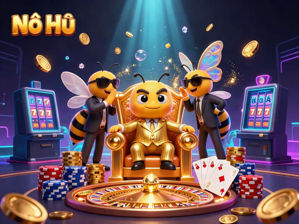 Experience thrilling Nổ Hũ gameplay with a vibrant casino scene showcasing dynamic characters and sparkling game elements.