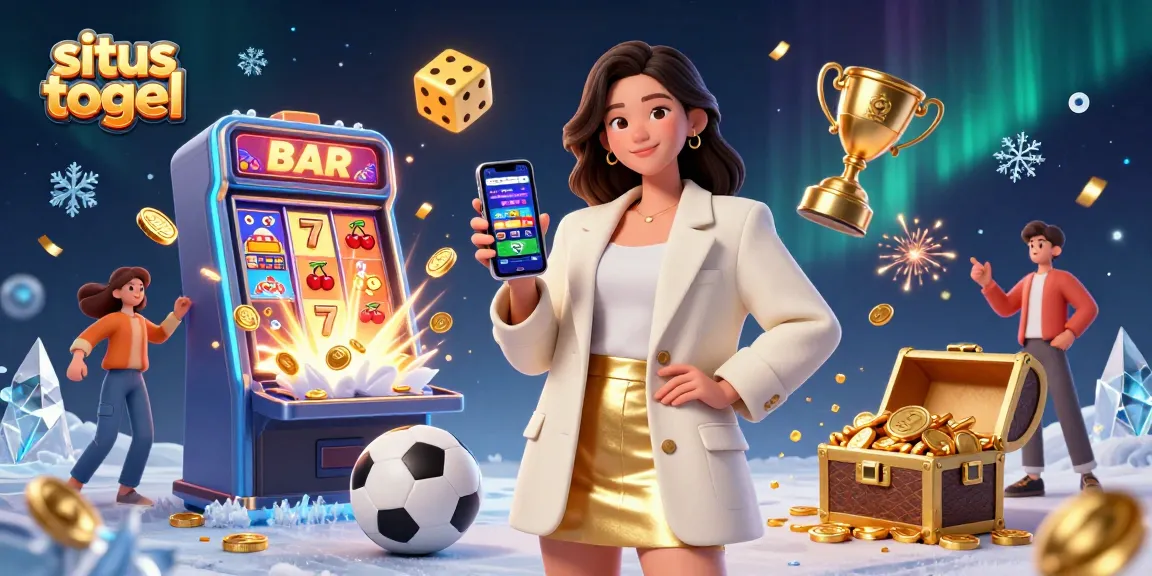 Situs togel betting scene with a woman using a smartphone surrounded by vibrant casino elements.