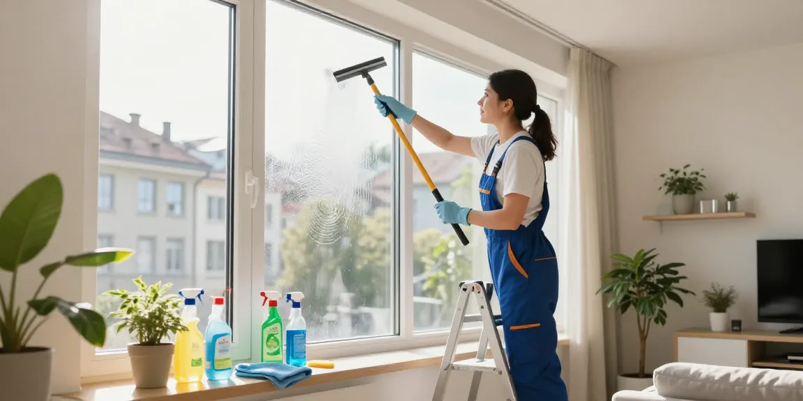 Expert fensterreinigung bern service showcased in a bright urban apartment with a professional cleaner achieving streak-free windows