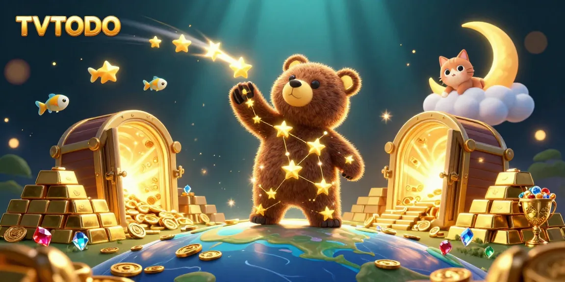 Experience TVTOTO's thrilling atmosphere with a celestial bear gathering coins in a vibrant casino scene.