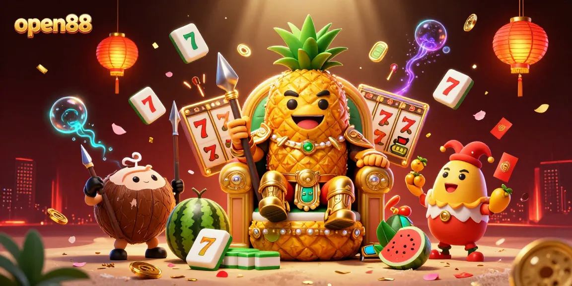 Experience the thrill of open88 with a vibrant beach casino scene featuring the golden pineapple king, coconut guards, and dynamic slot elements.