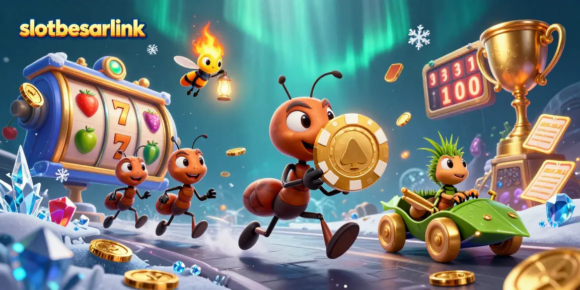 Ants carry a massive golden poker chip while slot reels spin, representing slotbesarlink excitement.
