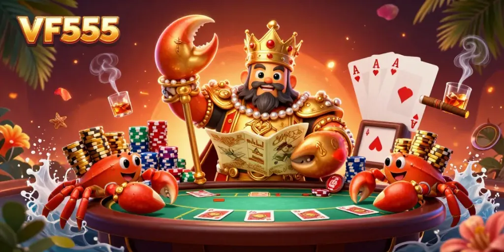 Engage in thrilling live casino action with VF555's vibrant 3D crab emperor and poker scene.