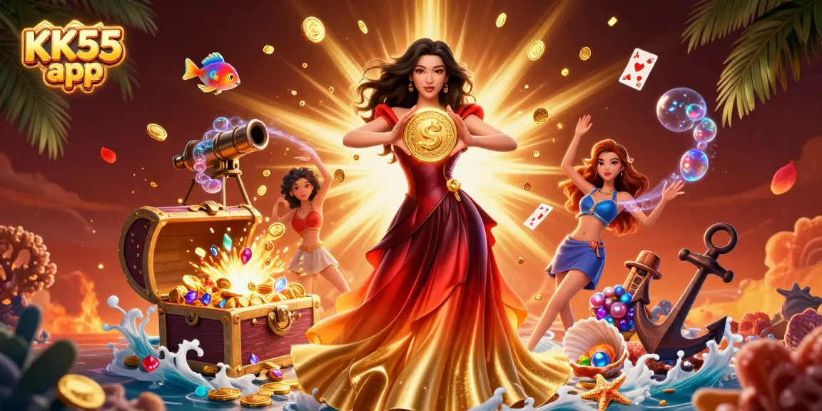 Experience the excitement of the KK55 app with a glamorous Asian woman holding a golden coin amidst casino treasures.