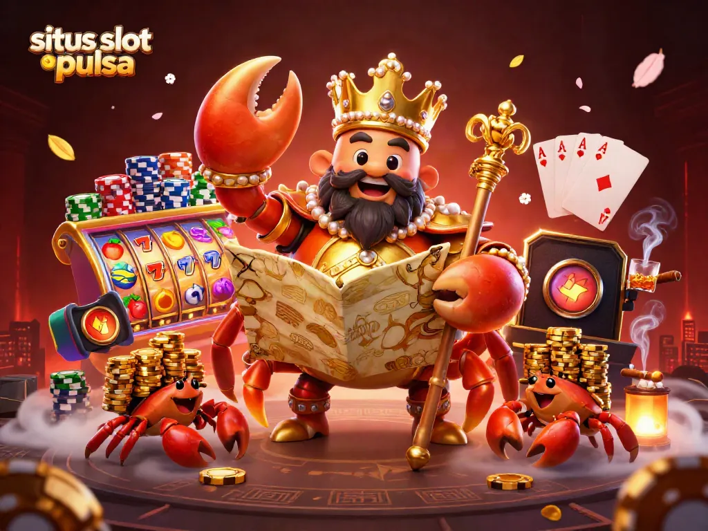 Experience the excitement of situs slot pulsa with this vibrant 3D illustration showcasing a crab emperor and dynamic slot elements.
