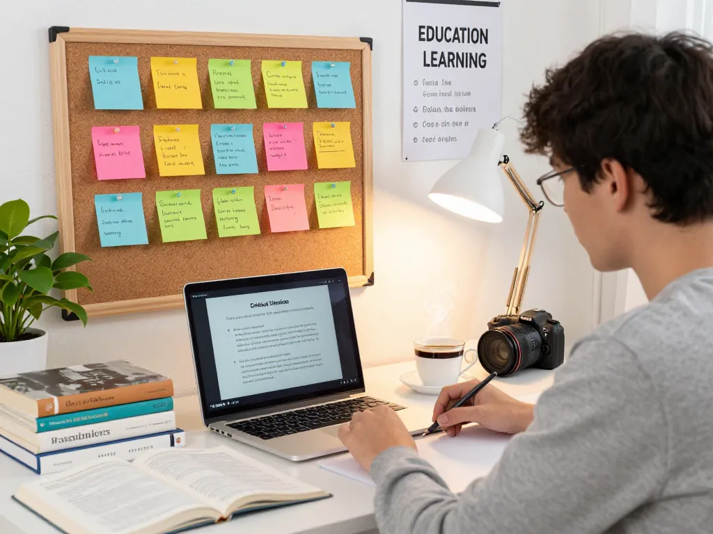 Student studying for C168 course at a well-lit desk with books and notes
