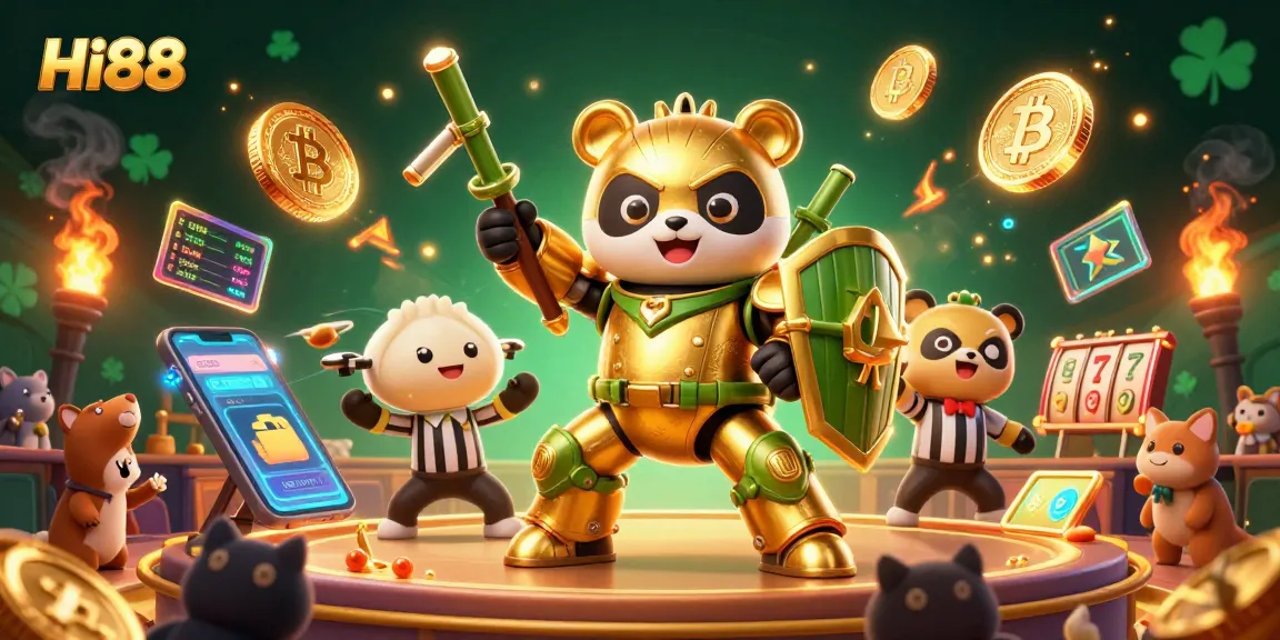 Engage in thrilling gaming action at Hi88, featuring dynamic 3D illustrations of panda piloting a robot.