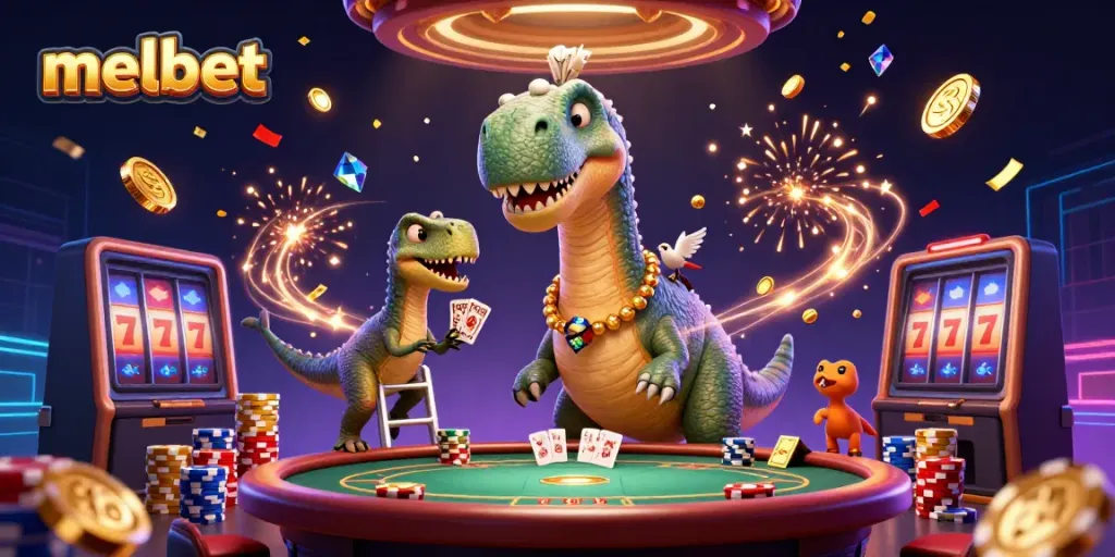 Enjoy thrilling games at melbet, featuring a vibrant 3D scene with a giant brontosaurus and casino elements.