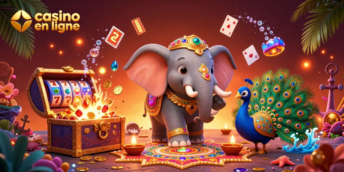 Découvrez les jeux de casino en ligne avec un éléphant coloré et des éléments riches, y compris des rouleaux de machines à sous.