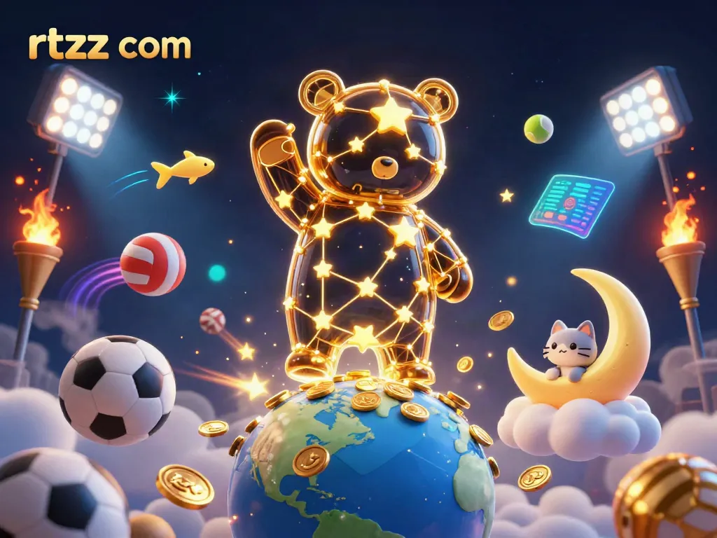 Engage in the thrilling world of rtzz com as a constellation bear scoops coins amidst dynamic sports elements.