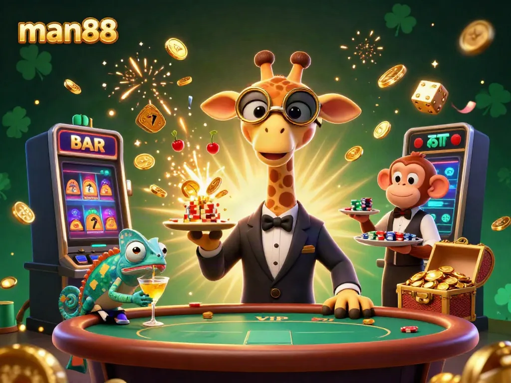 Win big with man88! Join a vibrant casino scene featuring a giraffe, monkey, and chameleon.
