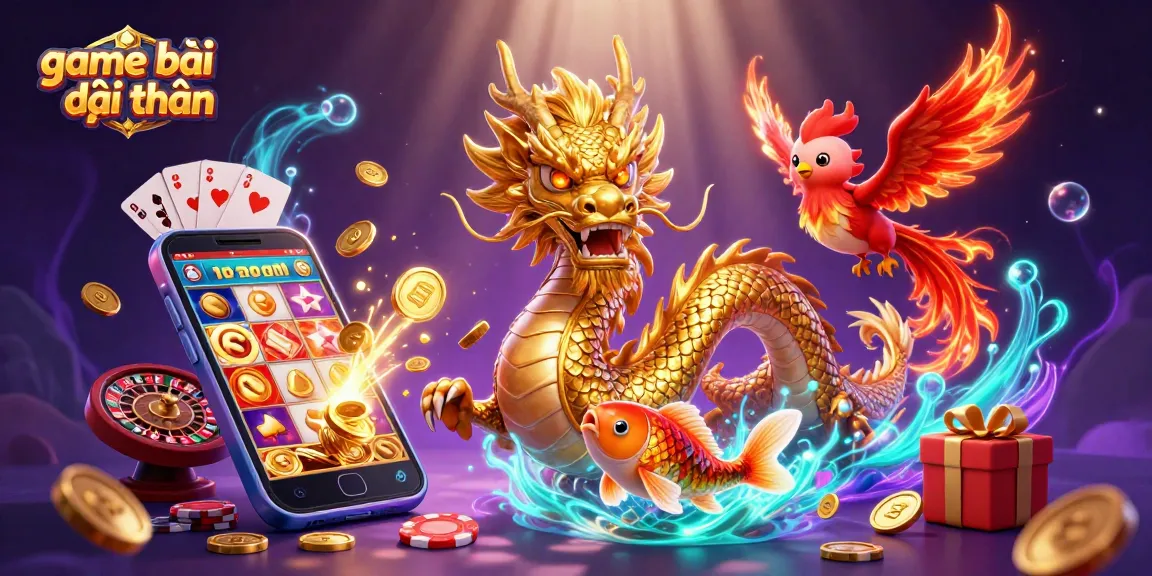Experience thrilling game bài đổi thưởng as a golden dragon, phoenix, and koi fish celebrate winning moments.
