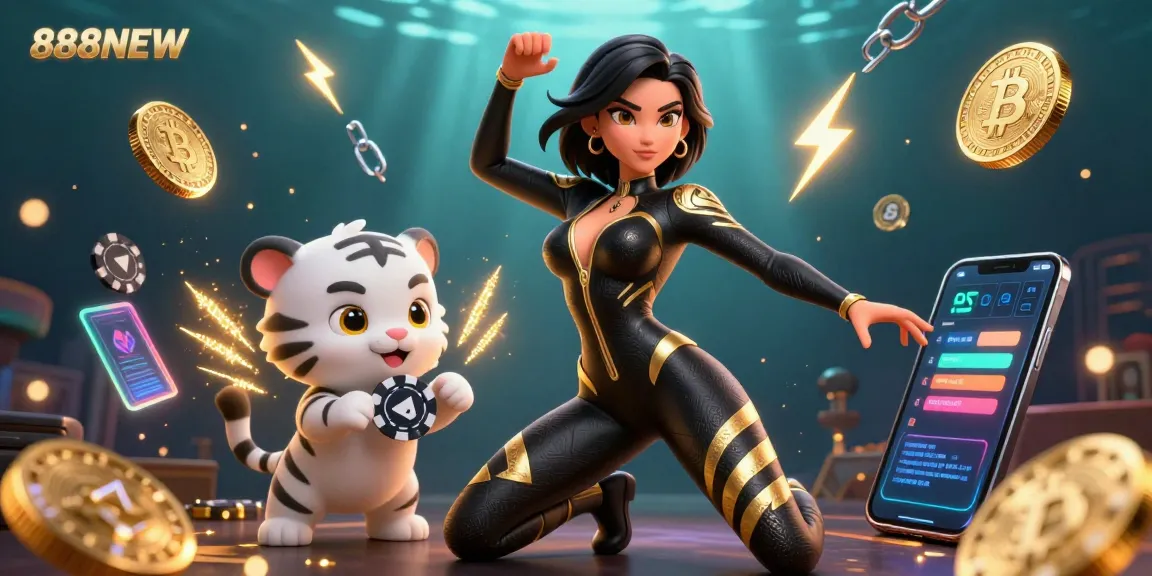 Experience thrilling games at 888NEW with a stunning 3D illustration showcasing slot adventures and crypto trends.