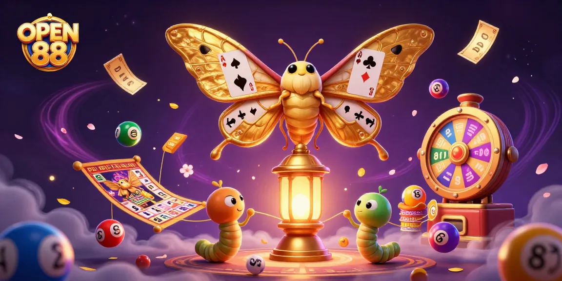 Experience the thrill of OPEN 88 with an enchanting 3D illustration showcasing vibrant lottery elements and gaming motifs.