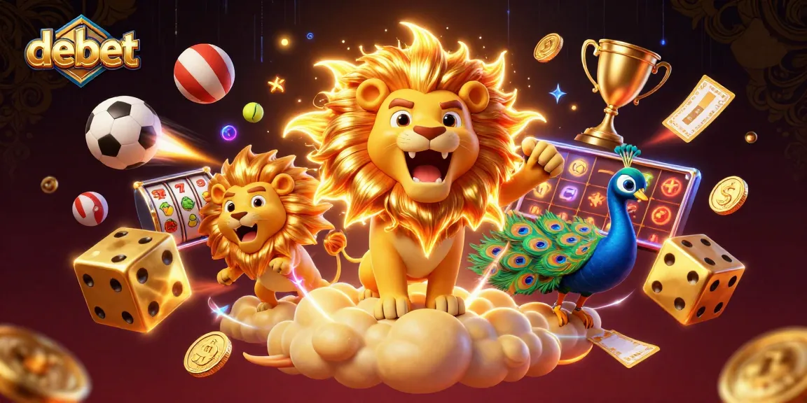 Engage in epic gambling adventures with Debet's exciting 3D lion illustration and dynamic casino elements.