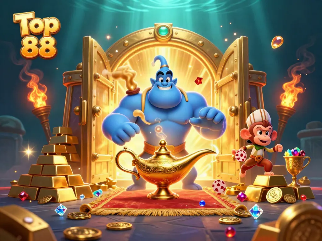 Engage with Top 88's thrilling casino adventure featuring a genie, treasures, and poker chips.