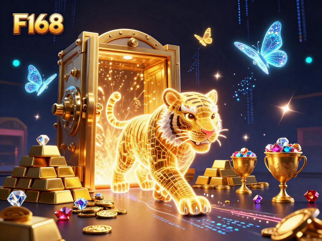 Experience high-energy gaming at F168, featuring a neon golden tiger and dynamic casino elements.
