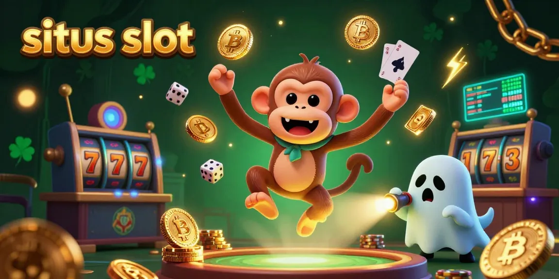 Experience situs slot action with a playful poltergeist monkey juggling casino treasures in a haunted setting.