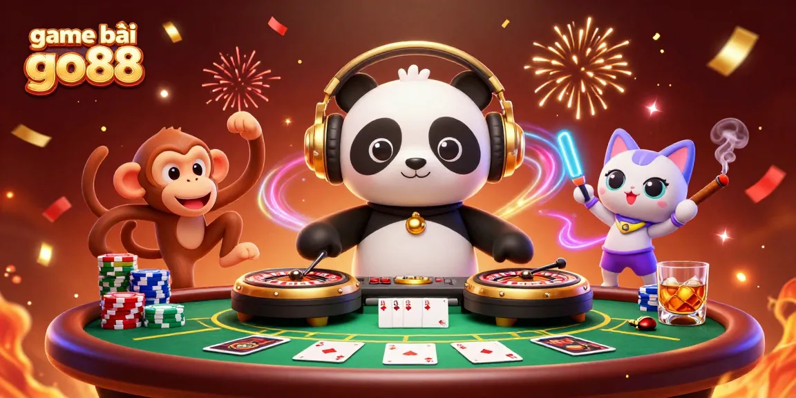 Experience the excitement of game bài go88 with vibrant illustrations of a 3D DJ panda and engaging casino elements.