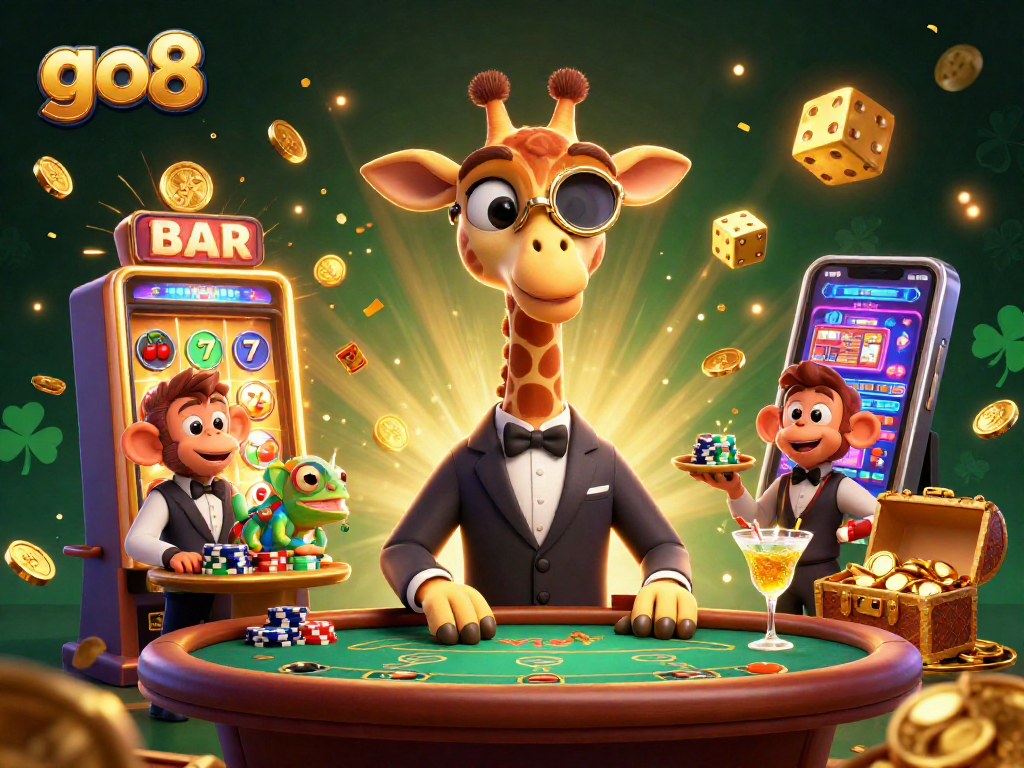 Experience the thrill of go8 with a vibrant scene showcasing a giraffe at a poker table amidst exciting casino elements.