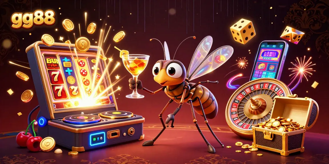 gg88's vibrant casino universe featuring a lively mosquito mascot and dazzling golden roulette.
