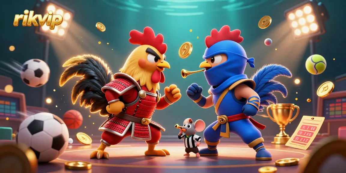 rikvip's dynamic casino showdown with cartoon roosters, sports elements, and vibrant energy