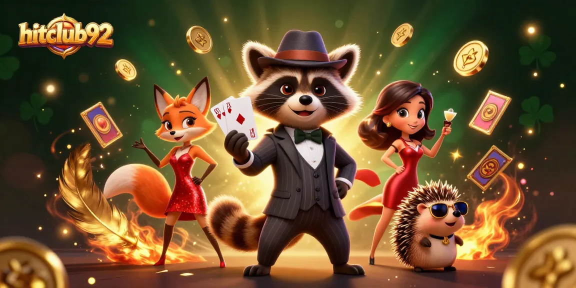 Experience the thrill at hitclub92 with engaging games and vibrant characters in this casino-themed illustration.